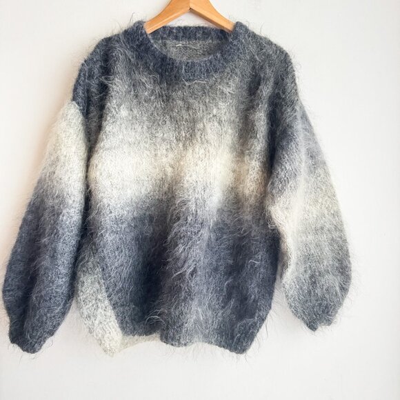 Handmade Mohair wool Grey White Ombre Pullover Sweater L - Picture 2 of 5